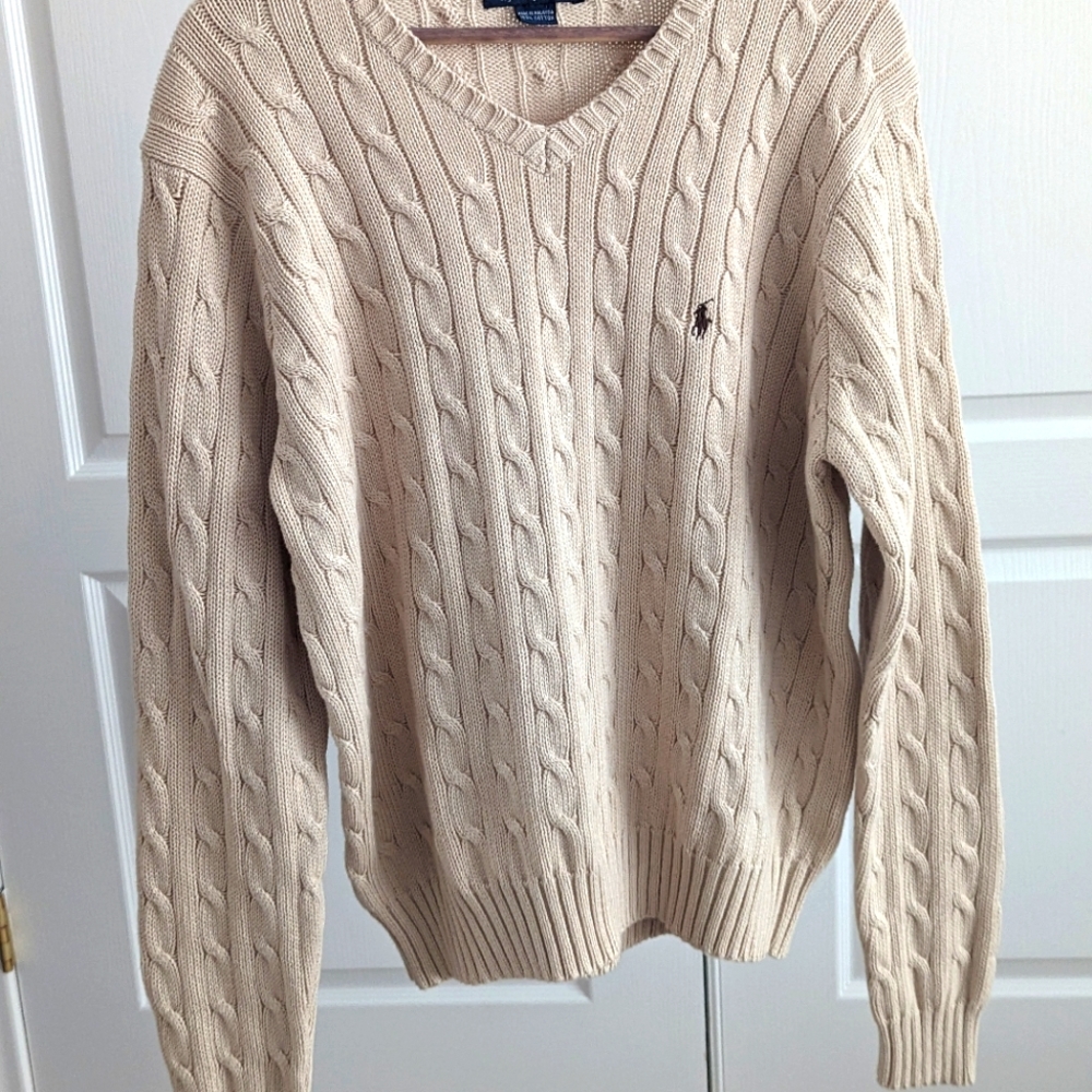 Men's Tan Cable-knit V-Neck Sweater